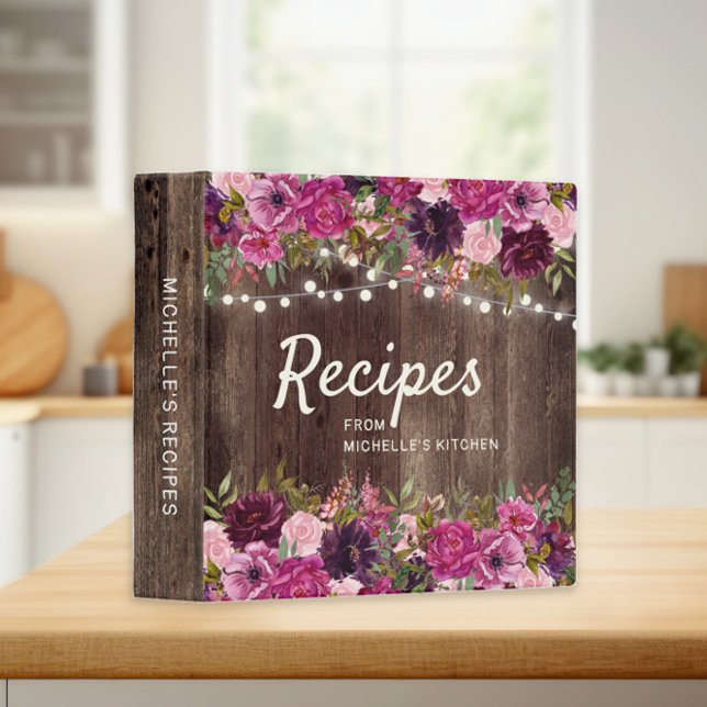 Rustic Wood Pink Floral String Lights Recipe Binder (Pink floral on rustic wood custom recipe notebook)