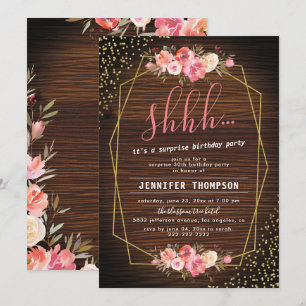 Rustic Wood Pink Floral Surprise Birthday Party Invitation