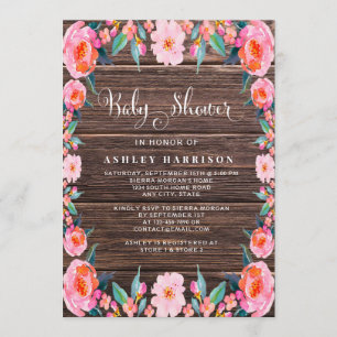 Rustic Wood Pink Floral Watercolor Baby Shower Invitation