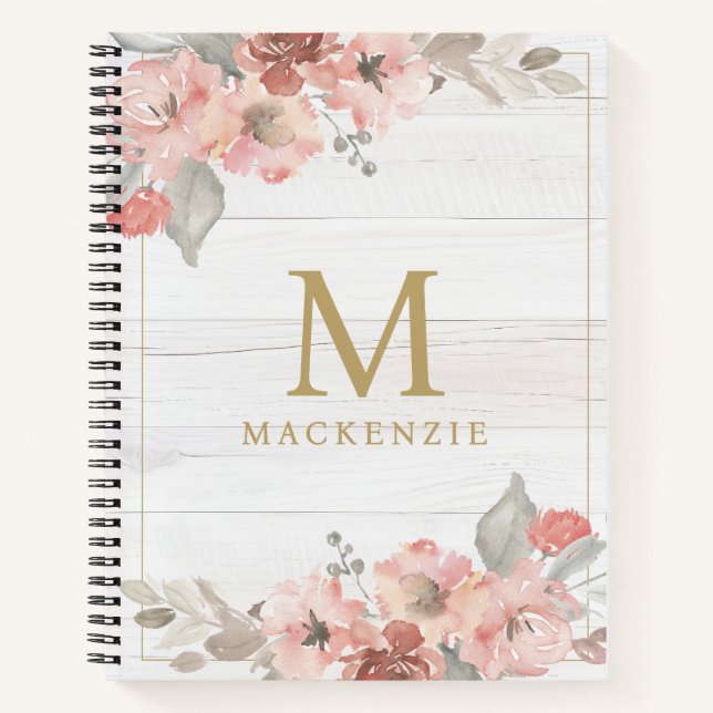 Rustic Wood Pink Floral Watercolor Monogram Notebook (Front)
