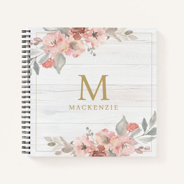 Rustic Wood Pink Floral Watercolor Monogram Notebook (Front)