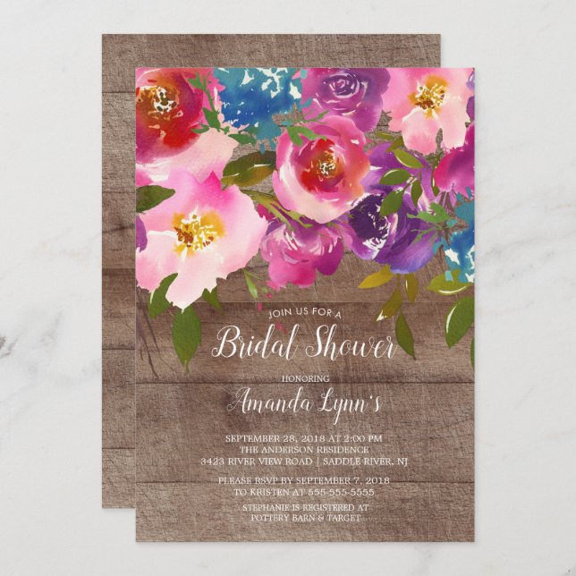 Rustic Wood Pink Flowers Bridal Shower Invitation (Front/Back)