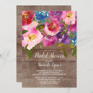 Rustic Wood Pink Flowers Bridal Shower Invitation