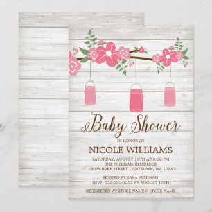 Rustic Wood Pink Mason Jar Branch Girl Baby Shower Invitation