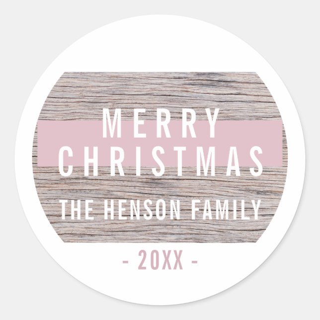 Rustic Wood Pink Merry Christmas Family Classic Round Sticker (Front)