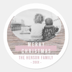 Rustic Wood Pink Merry Christmas Family Photo Classic Round Sticker
