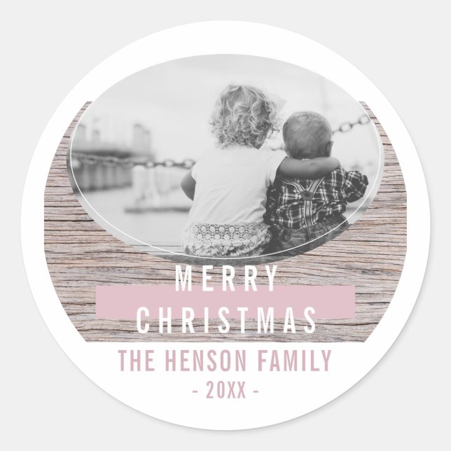 Rustic Wood Pink Merry Christmas Family Photo Classic Round Sticker (Front)