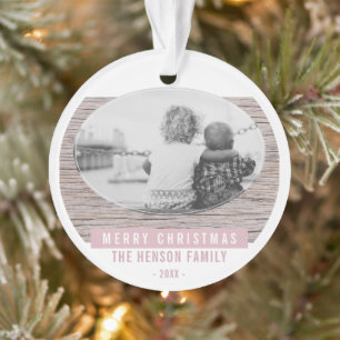 Rustic Wood Pink Merry Christmas Family Photo Ornament