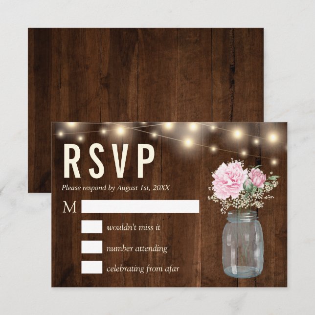 Rustic Wood Pink Peony Floral Mason  | RSVP Card (Front/Back)