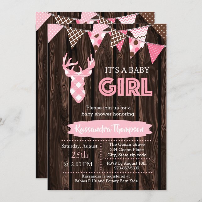 Rustic Wood Pink Plaid Deer Baby Shower Invitation (Front/Back)