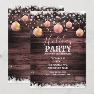 Rustic Wood Pink Rose Gold Ornaments Holiday Party Invitation