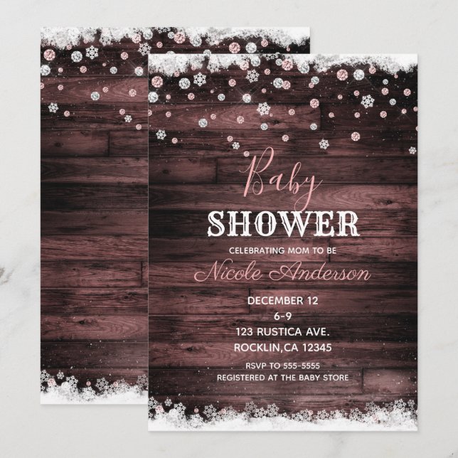 Rustic Wood Pink Rose Gold Winter Snow Baby Shower Invitation (Front/Back)