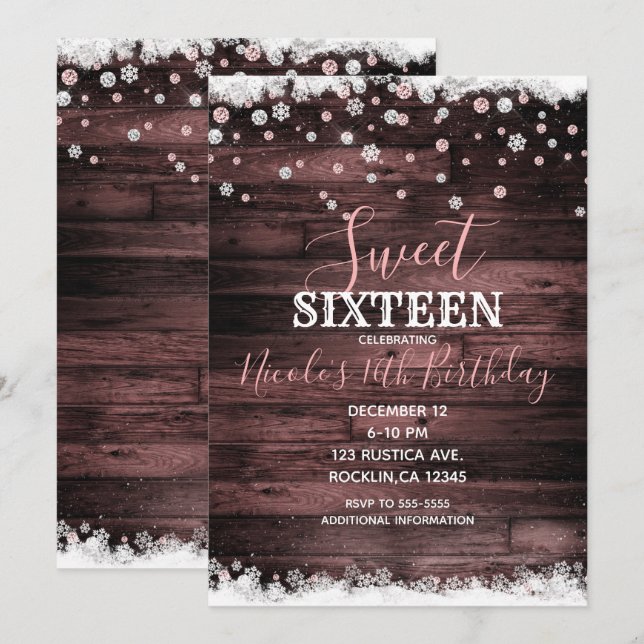 Rustic Wood Pink Rose Snowy Winter Sweet 16 Party Invitation (Front/Back)