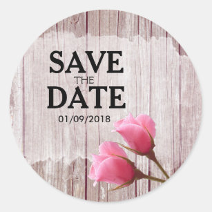 Rustic Wood Pink Rosebud Wedding Save The Date Classic Round Sticker