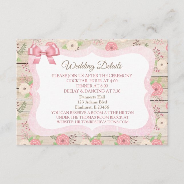 Rustic Wood Pink & Tan Floral Wedding Details Card (Front)