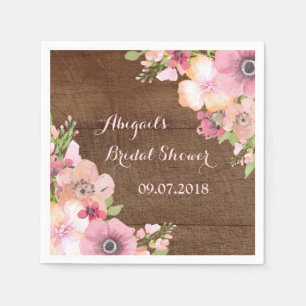 Rustic Wood Pink Watercolor Bridal Shower Napkins