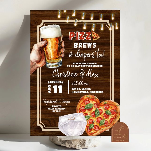 Rustic Wood Pizza Brew and Diapers too Baby Shower Invitation (Creator Uploaded)