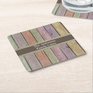 Rustic Wood Plank Family Cabin Customizable  Square Paper Coaster