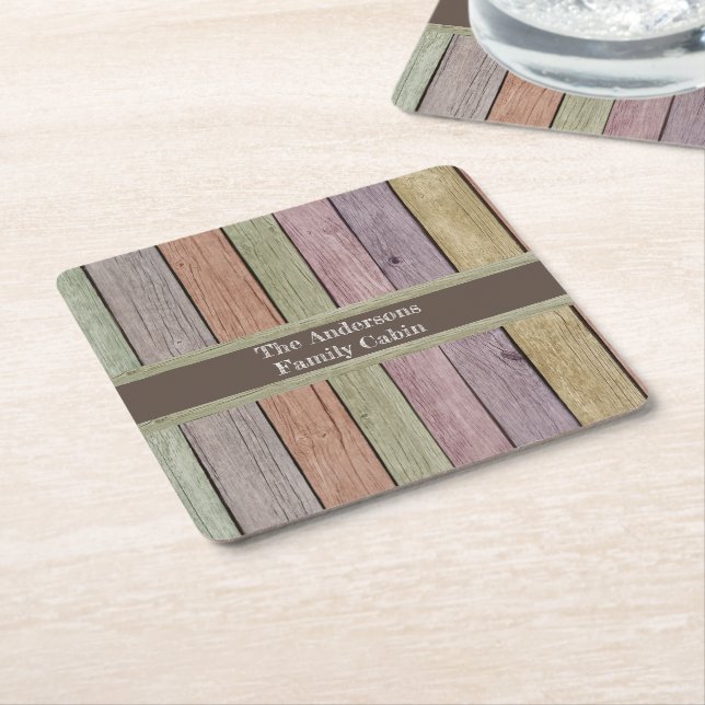 Rustic Wood Plank Family Cabin Customizable  Square Paper Coaster (Angled)