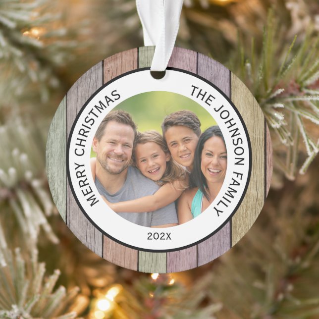 Rustic Wood Plank Family Photo Ornament (Tree)