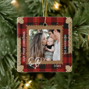 Rustic Wood Plank Plaid First Christmas Family Ceramic Ornament