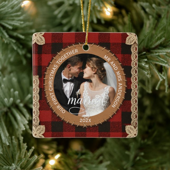 Rustic Wood Plank Plaid First Christmas Married  Ceramic Ornament (Tree)