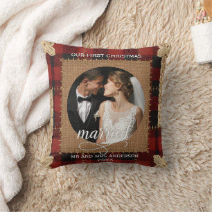 Rustic Wood Plank Plaid First Christmas Married Throw Pillow