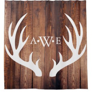 Rustic Wood Planks White Deer Antlers - Monogram