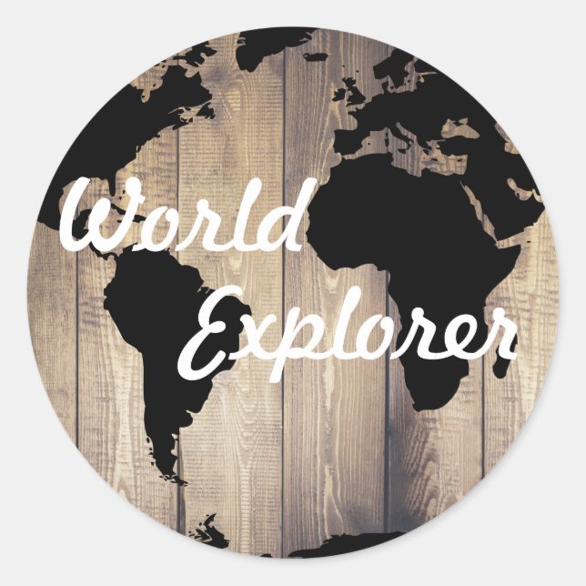 Rustic Wood Planks World Map Exploration Classic Round Sticker (Front)