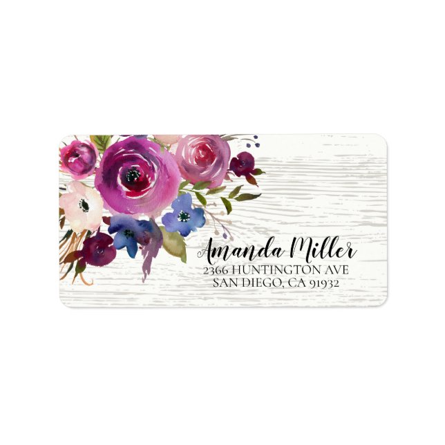 Rustic Wood Plum Blue Floral Return Address Label (Front)