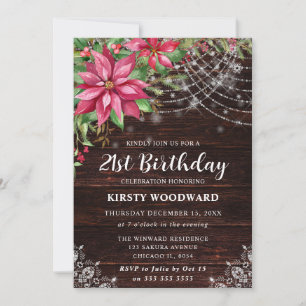 Rustic Wood & Poinsettia 21st Birthday Invitation