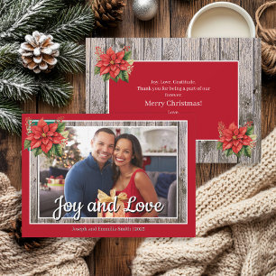Rustic Wood Poinsettia Red Family Photo  Holiday Card