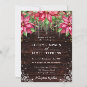 Rustic Wood & Poinsettia Winter Wedding Invitation