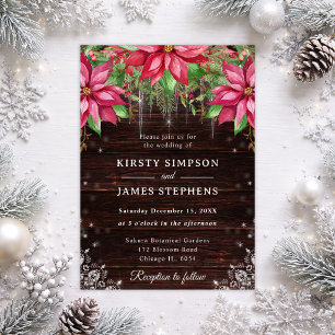 Rustic Wood & Poinsettia Winter Wedding Invitation