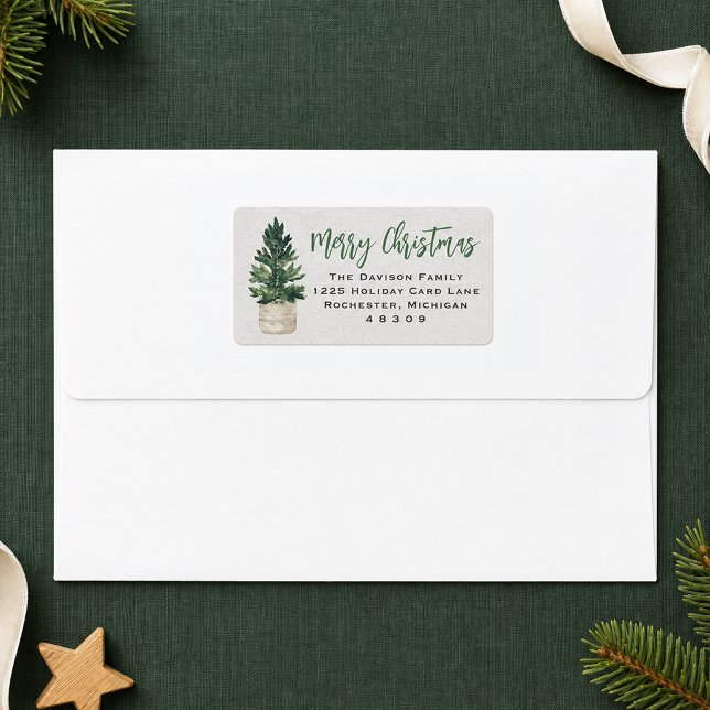 Rustic Wood Potted Pine Merry Christmas Address Label (Creator Uploaded)
