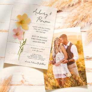 Rustic Wood Pressed Wildflower Boho Photo Wedding Invitation