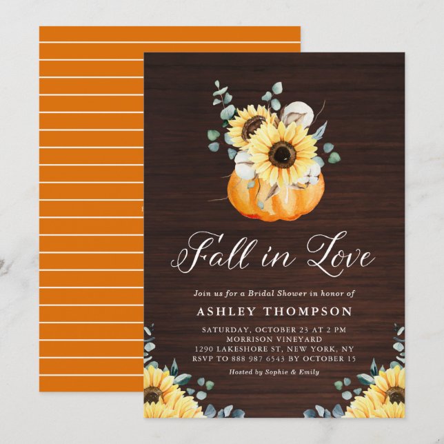 Rustic Wood Pumpkin and Sunflowers Bridal Shower Invitation (Front/Back)