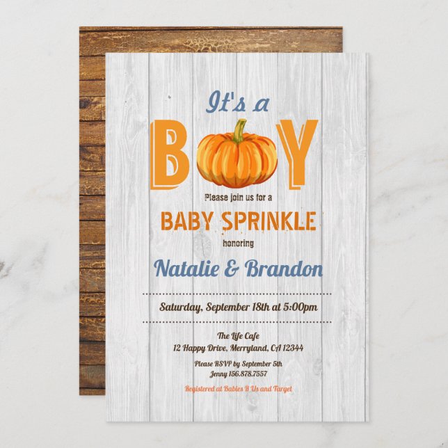 Rustic wood pumpkin baby boy sprinkle invitation (Front/Back)
