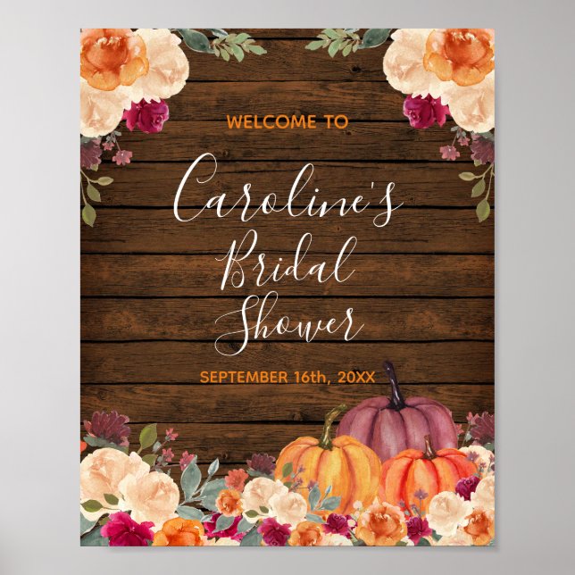 Rustic Wood Pumpkin Bridal Baby Shower Welcome  Po Poster (Front)