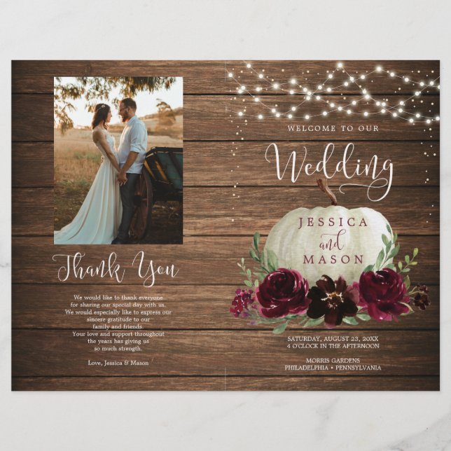 Rustic Wood Pumpkin Folded Wedding Program (Front)