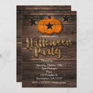 Rustic Wood Pumpkin & Stars Halloween Invitations