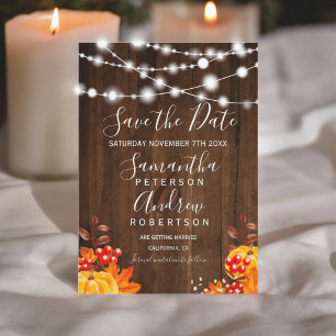 Rustic wood pumpkin string lights save the date