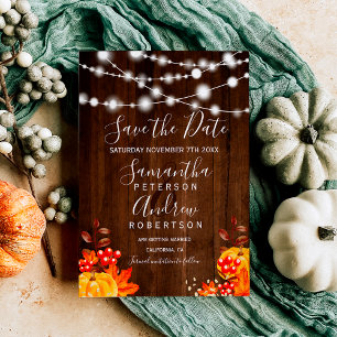 Rustic wood pumpkin string lights save the date announcement postcard