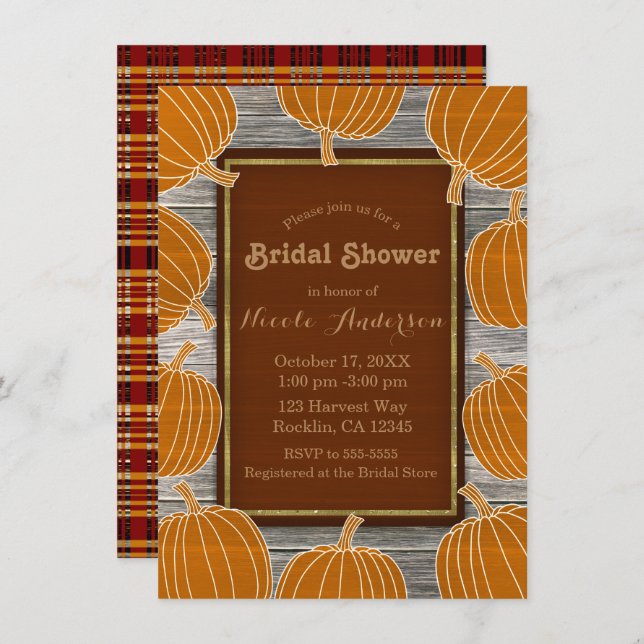 Rustic Wood & Pumpkins Fall Bridal Shower Party Invitation (Front/Back)