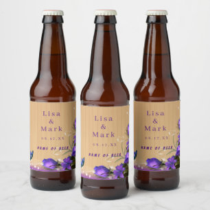 Rustic Wood Purple Floral Butterfly Wedding Beer Bottle Label