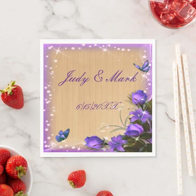 Rustic Wood Purple Floral Butterfly Wedding Paper Napkin (Insitu)