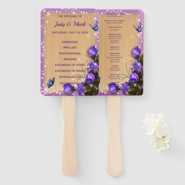 Rustic Wood Purple Floral Wedding Program Hand Fan (Front and Back)
