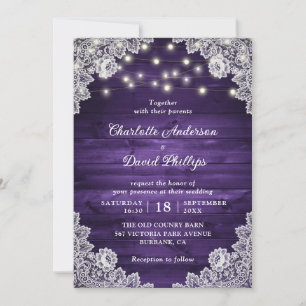 Rustic Wood Purple Lace String Lights Wedding Invitation