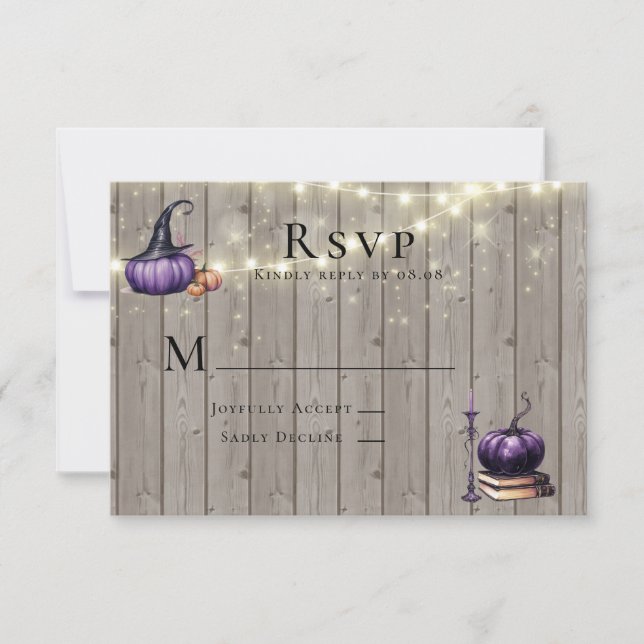 Rustic Wood Purple Pumpkin Candle Wedding RSVP Card (Front)