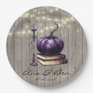 Rustic Wood Purple Pumpkin Wedding Paper Plate
